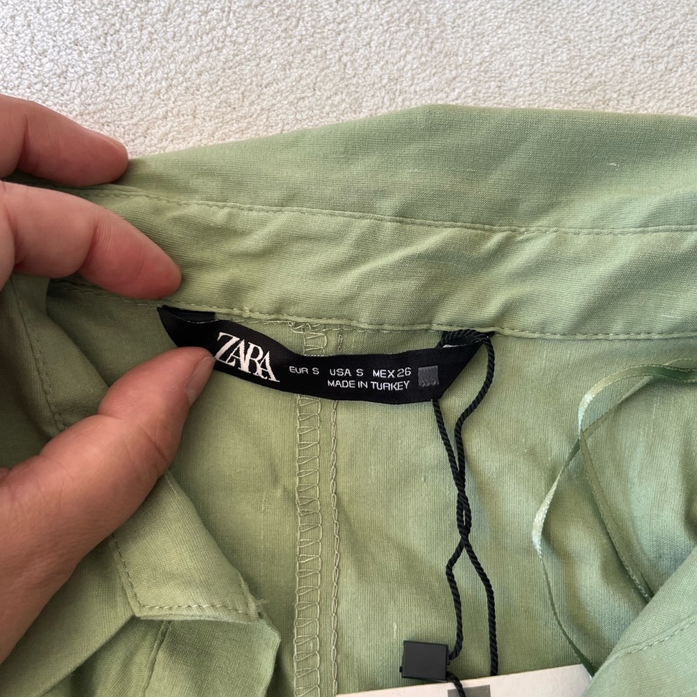 NWT Zara Gathered Linen Blend Shirt Dress S Green Gold Buttons - Picture 9 of 12